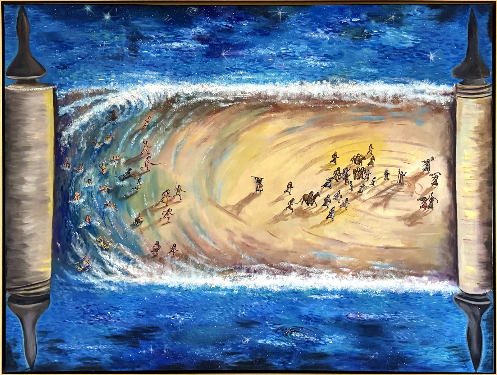 The Crossing — a Torah scroll unrolling into the parted Red Sea, acrylic painting by Marie Plevy